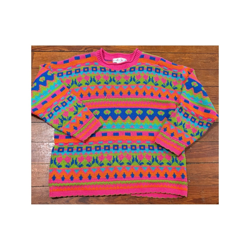 Lydia Jane Vintage Girls Neon Fair Isle Knit Sweater Pink Blue Green Size L 14